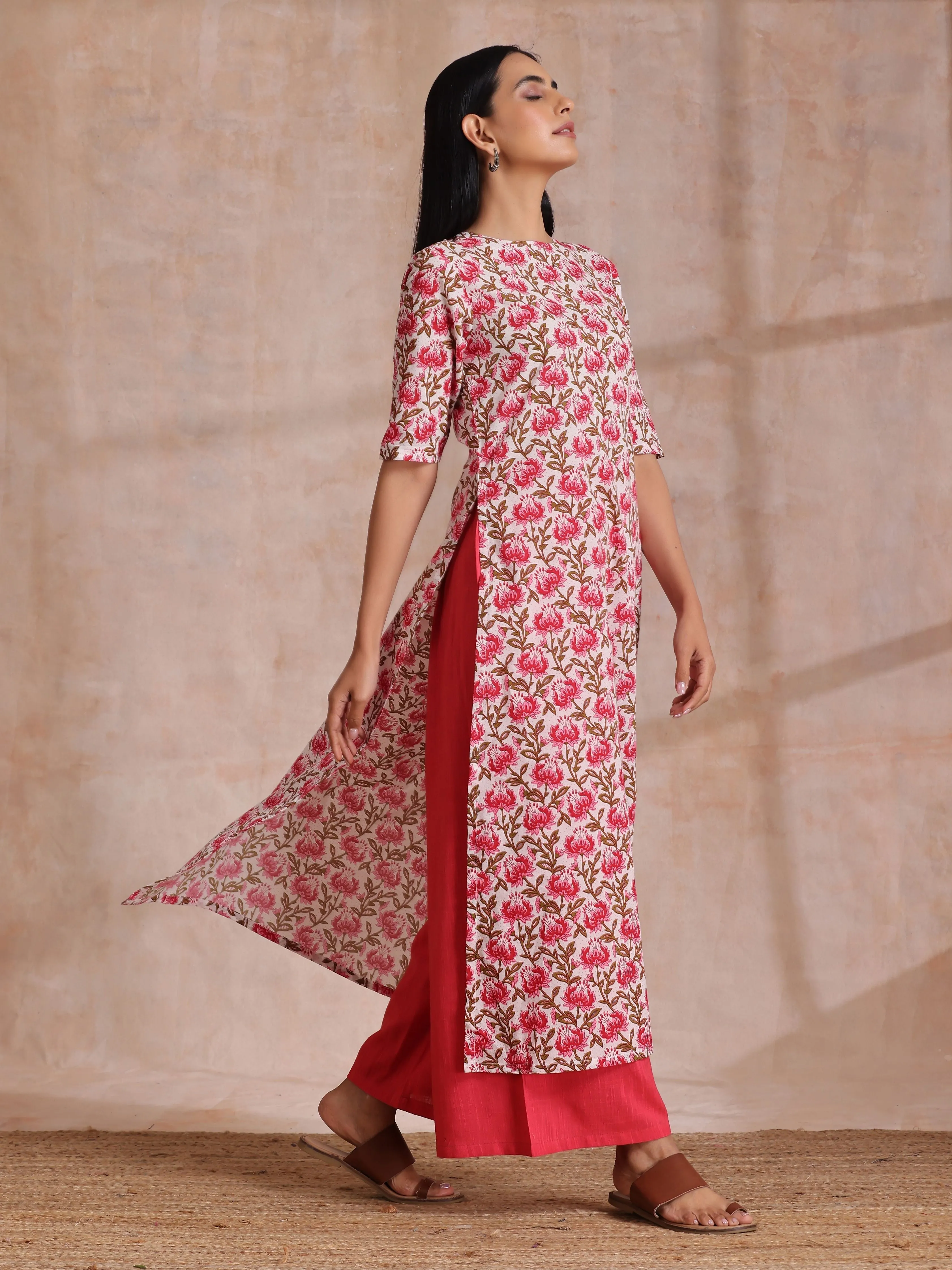 Pink Brown Overall Floral On White Block Print Cotton Slit Kurta Pant Set