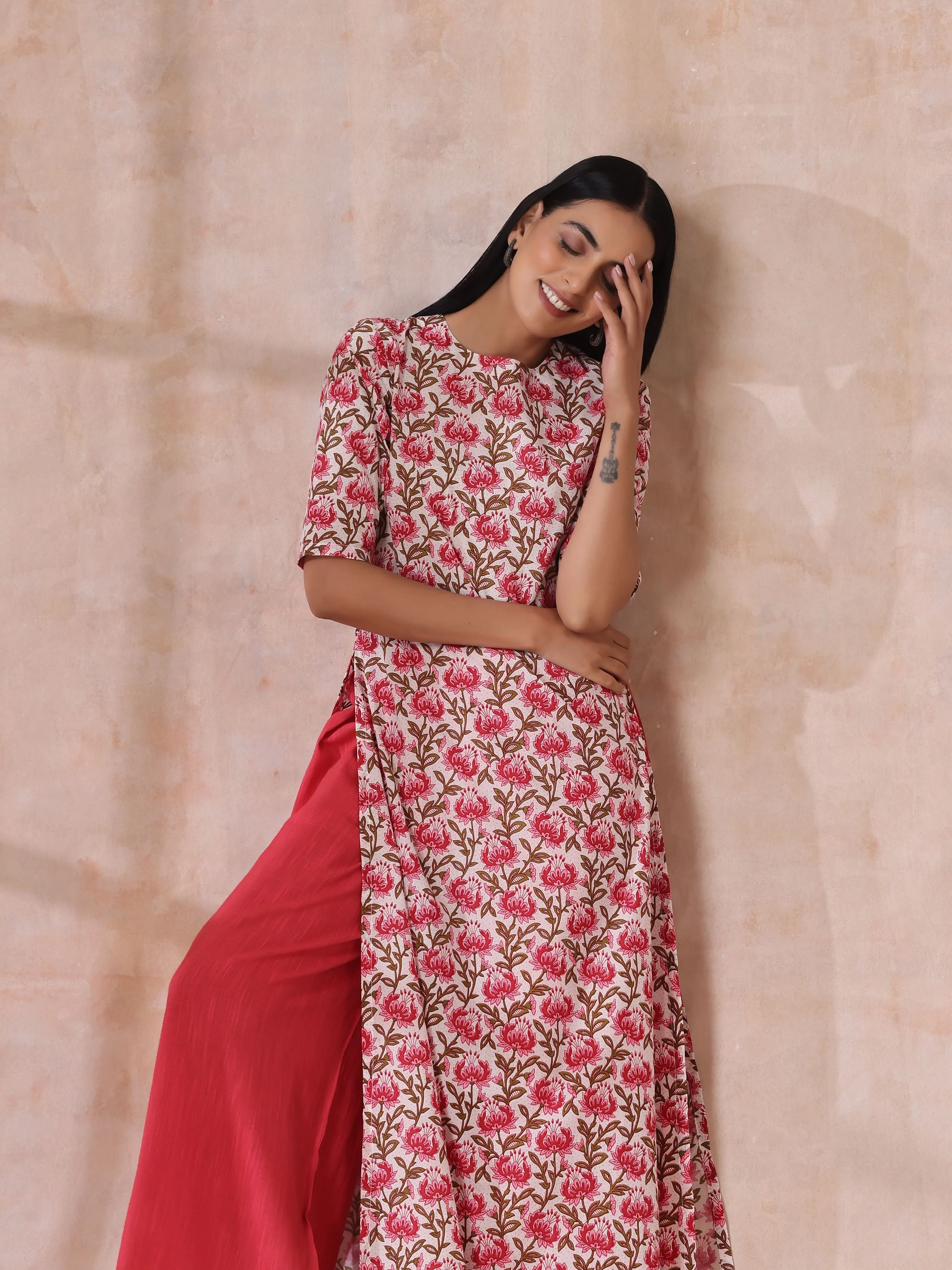 Pink Brown Overall Floral On White Block Print Cotton Slit Kurta Pant Set