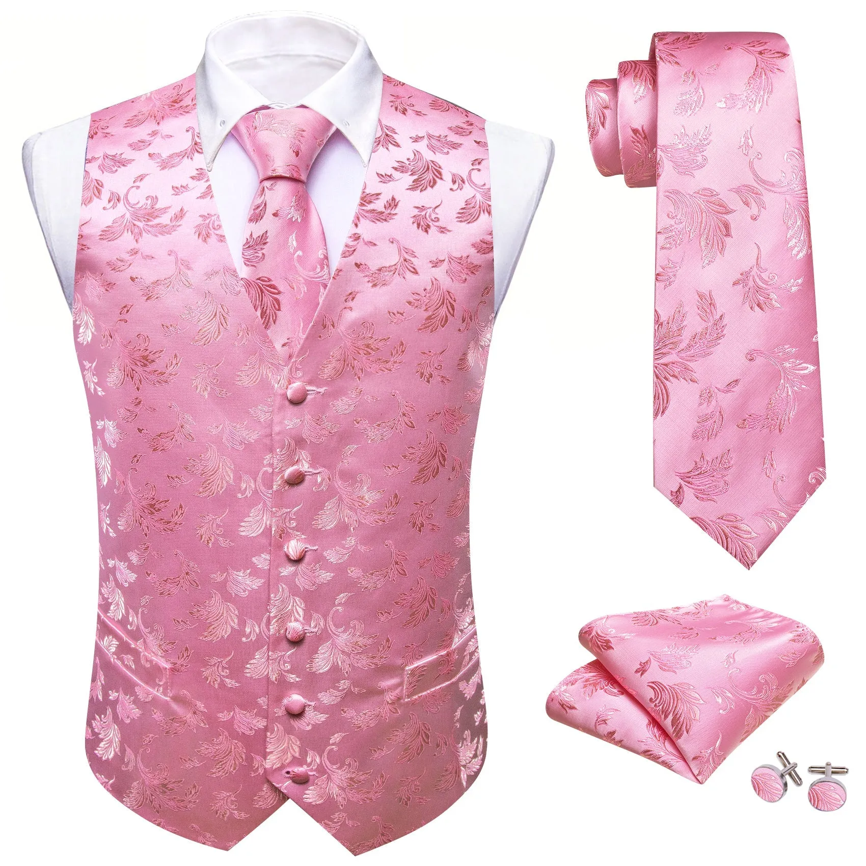 Pink Floral Silk Men's Vest Necktie Set Waistcoat Suit Set