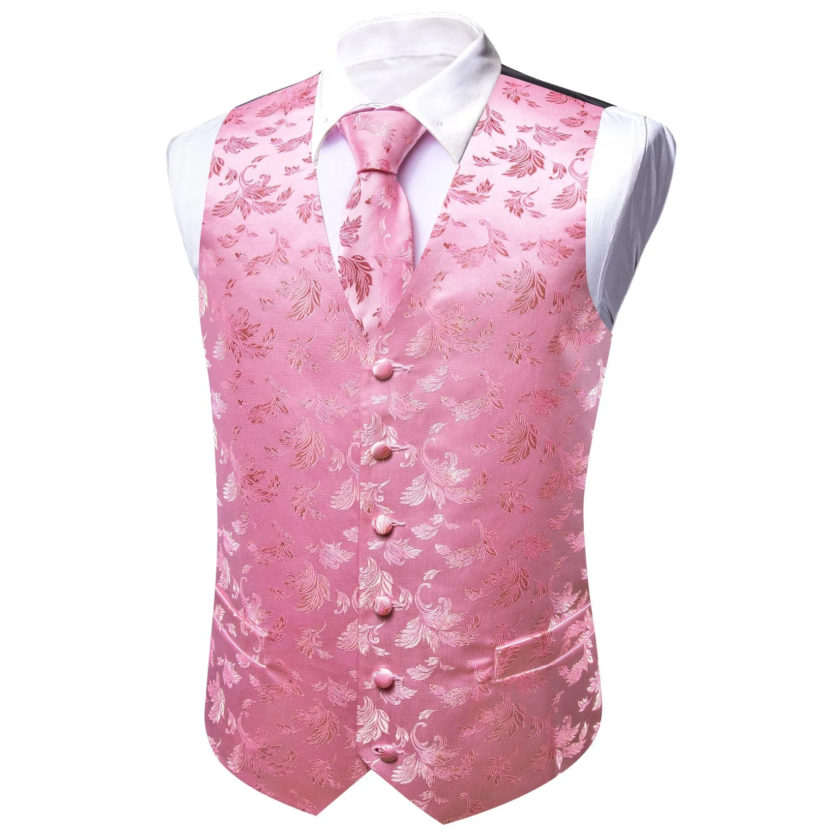 Pink Floral Silk Men's Vest Necktie Set Waistcoat Suit Set