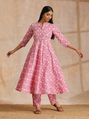 Pink Overall Floral Block Print Cotton Flared Kurta Pant Set