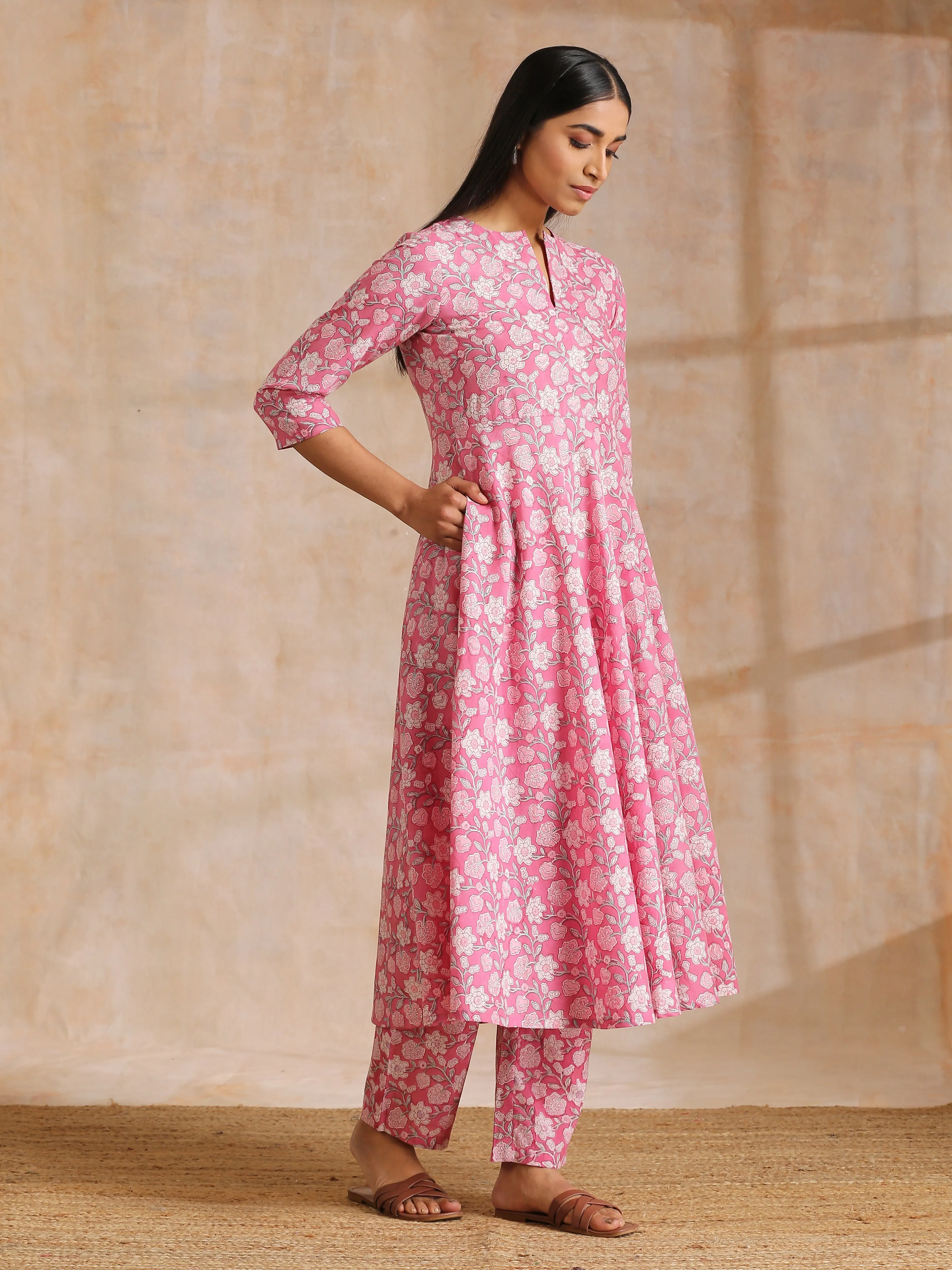 Pink Overall Floral Block Print Cotton Flared Kurta Pant Set