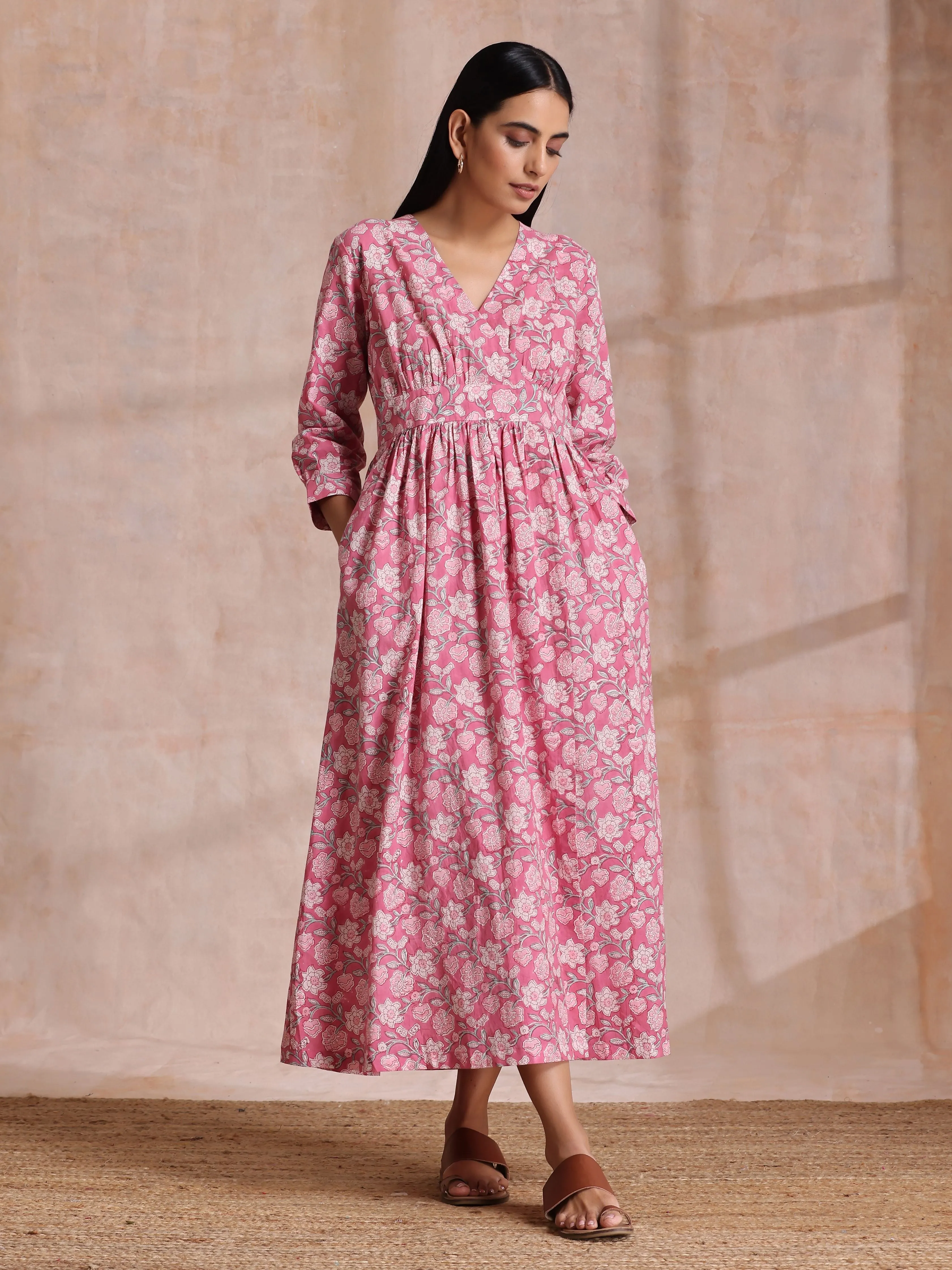 Pink Overall Floral Block Print Cotton Wrap Dress