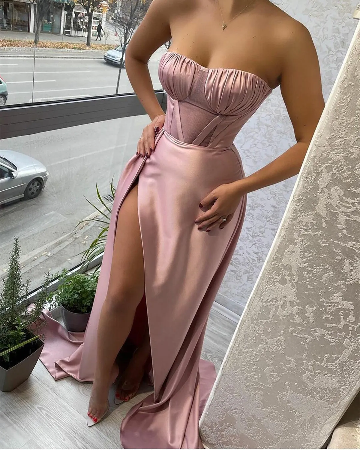 Pink Sweetheart Satin Long Prom Dress with Leg Slit, Pink Satin Evening Dress