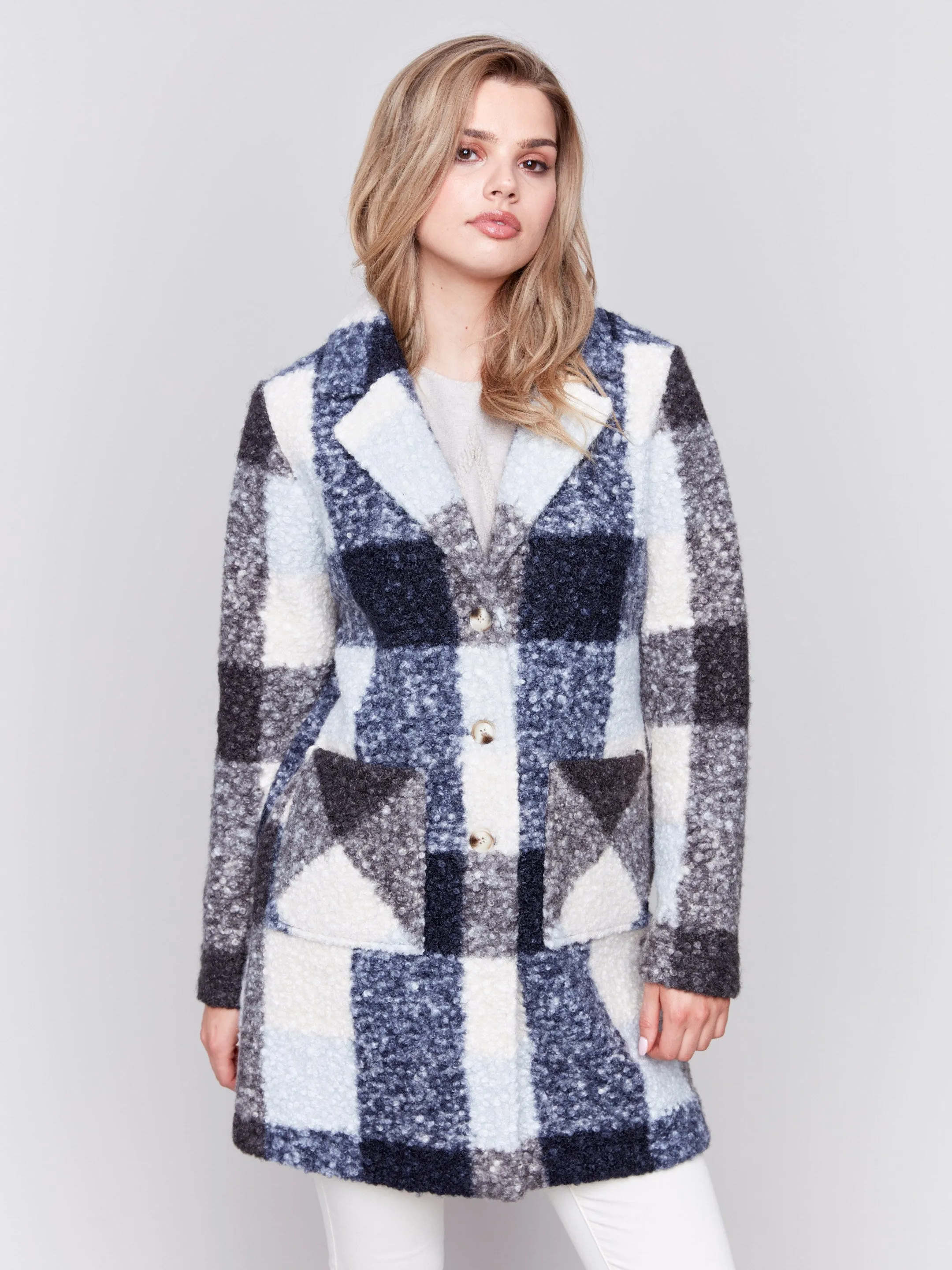 Plaid Bouclé Knit Coat - Navy