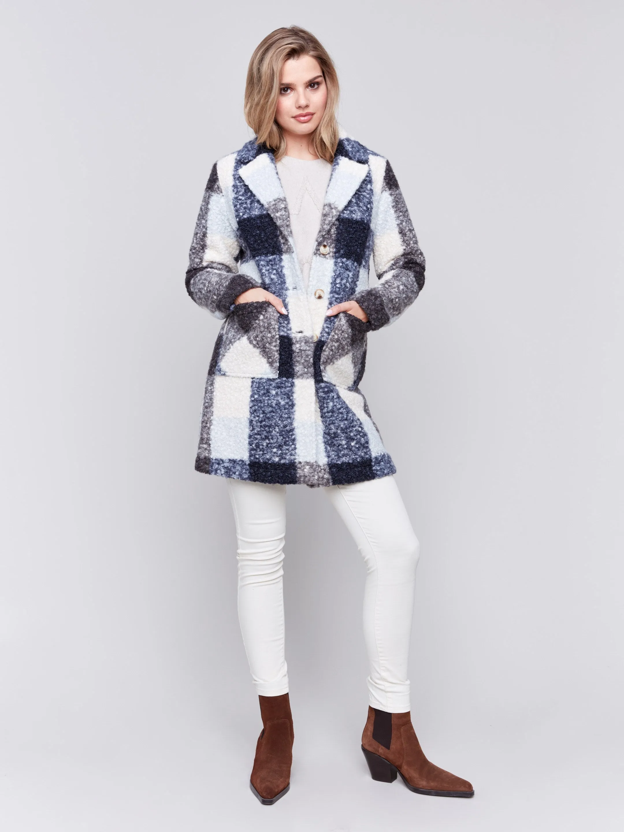 Plaid Bouclé Knit Coat - Navy