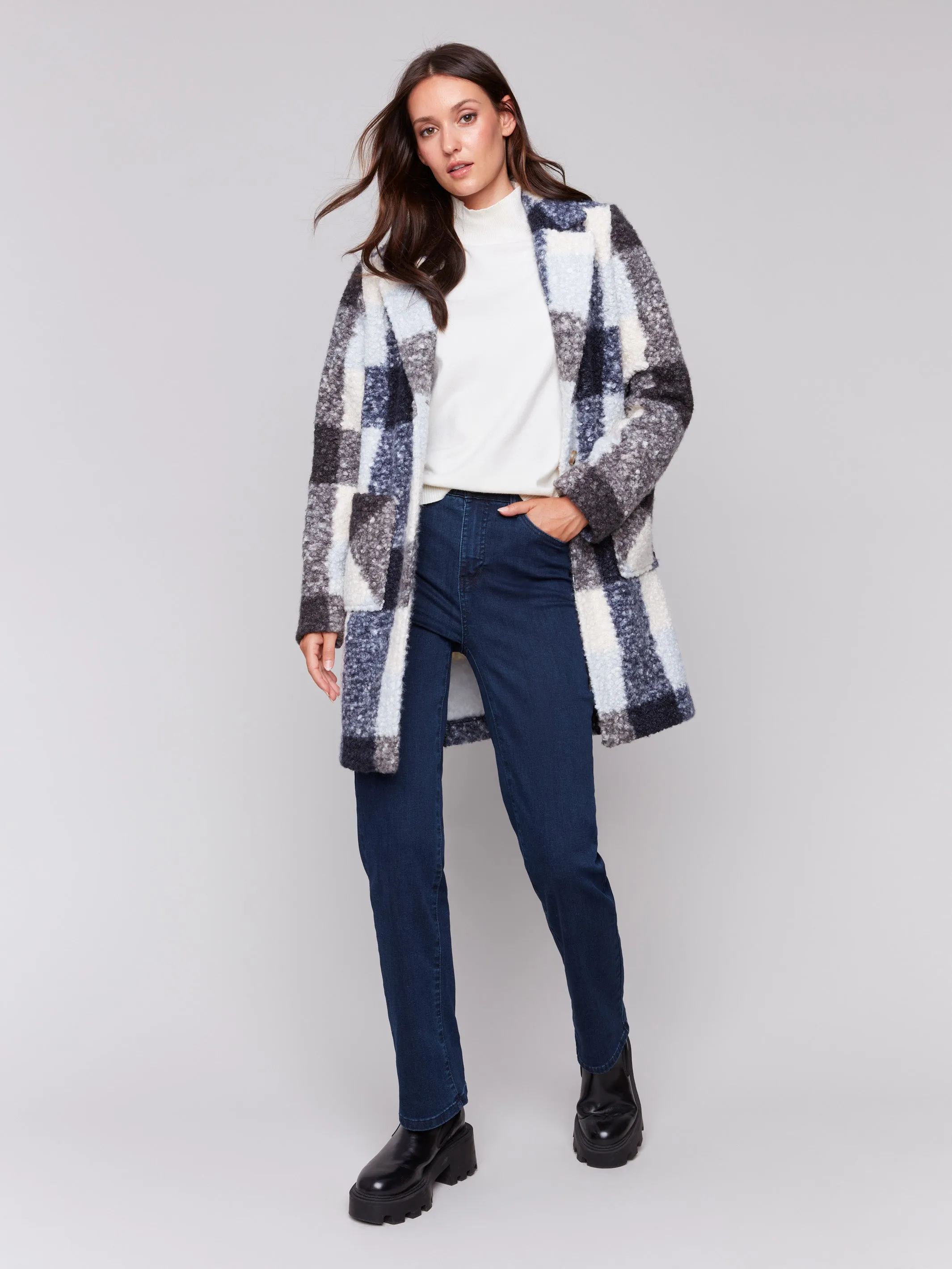 Plaid Bouclé Knit Coat - Navy