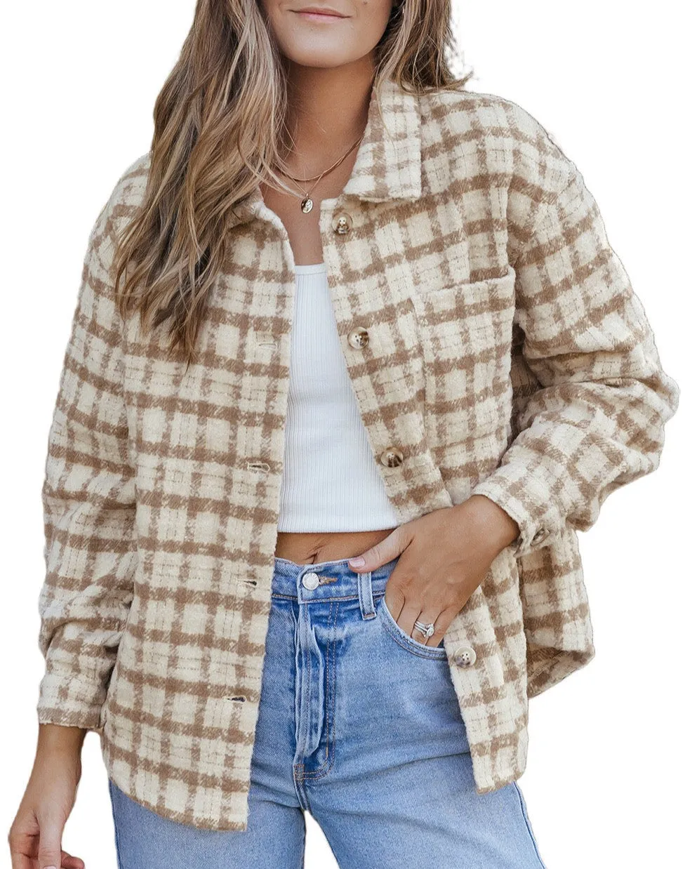 Plaid Boucle Chest Pocket Shacket