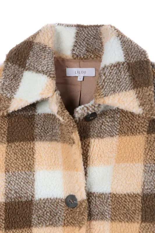 Plaid sherpa jacket with pockets