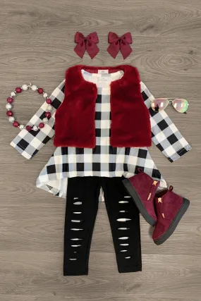 Plaid Top Distressed Legging & Fur Vest Set