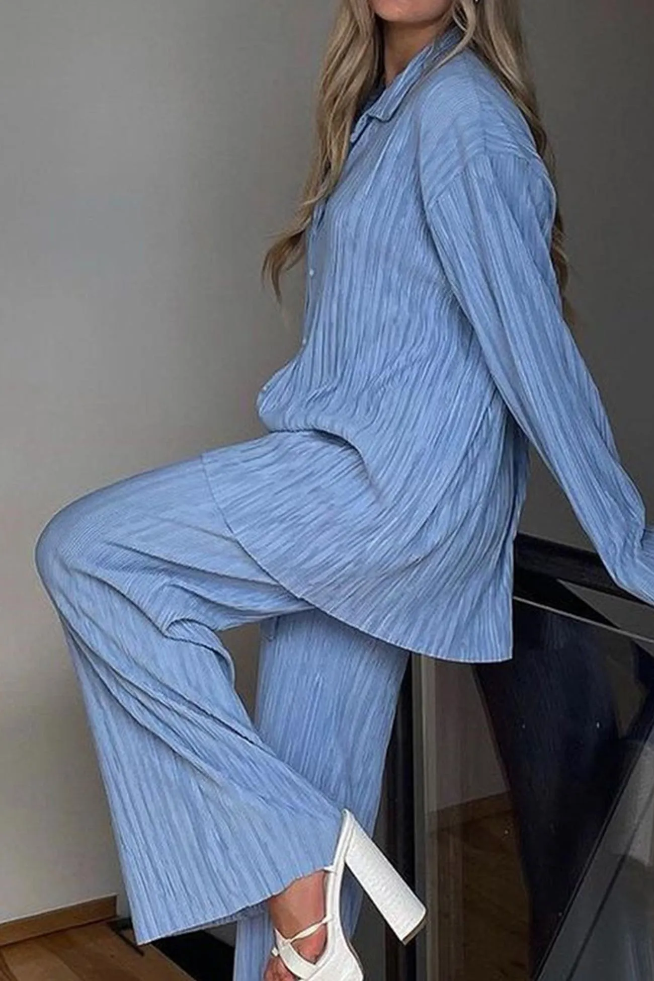 Pleated Shirt Wide Leg Pants Set