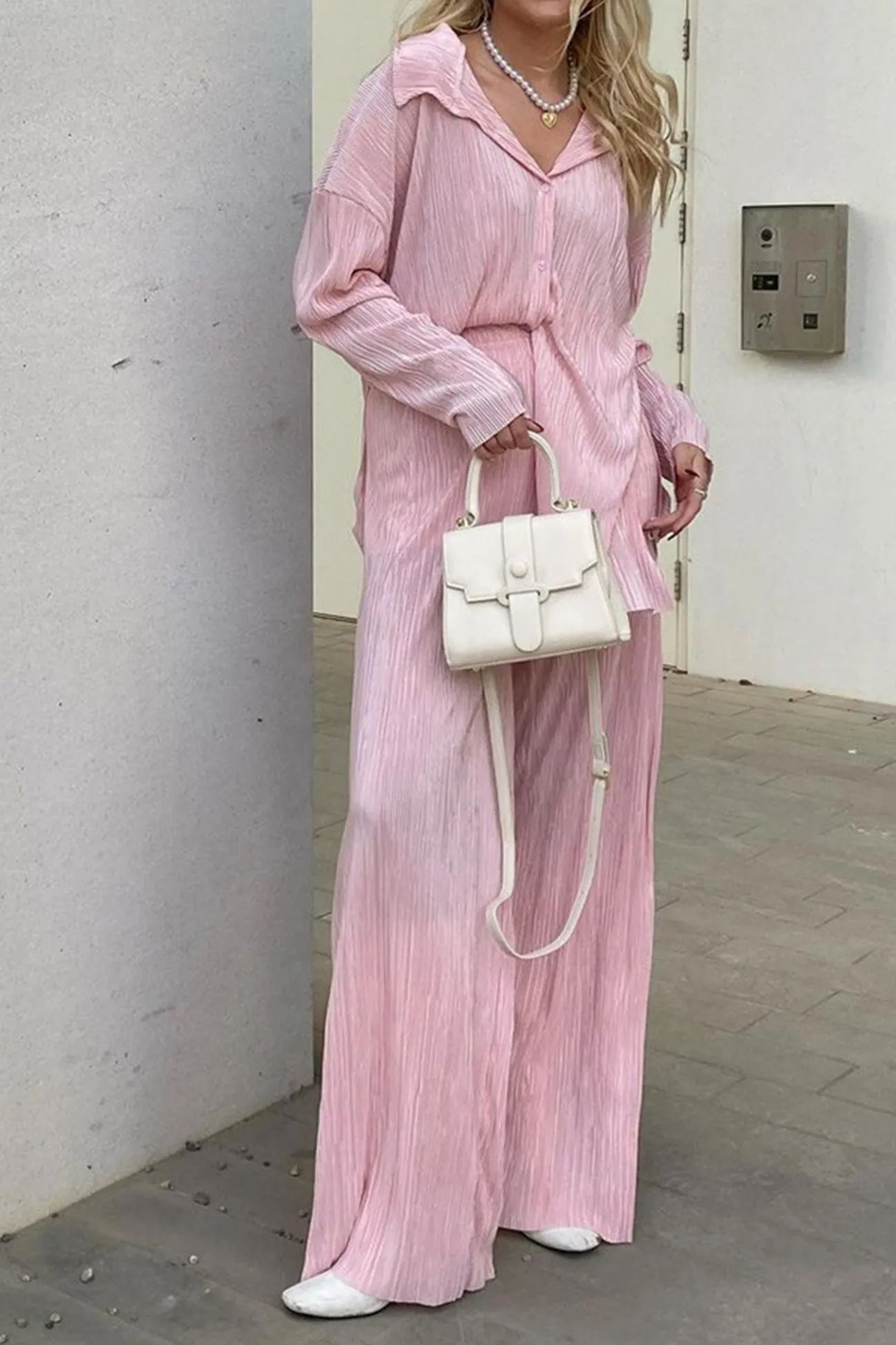 Pleated Shirt Wide Leg Pants Set