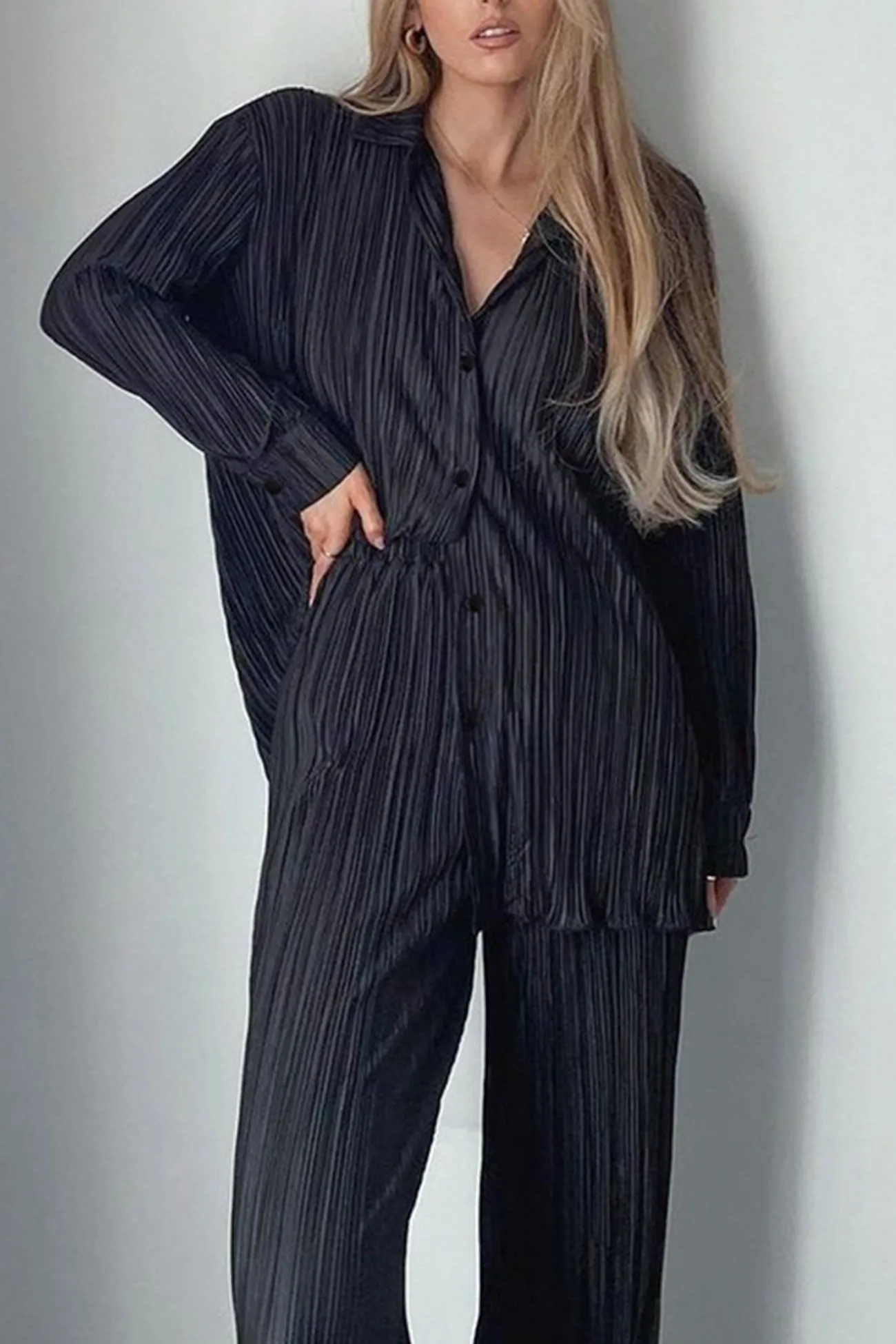 Pleated Shirt Wide Leg Pants Set