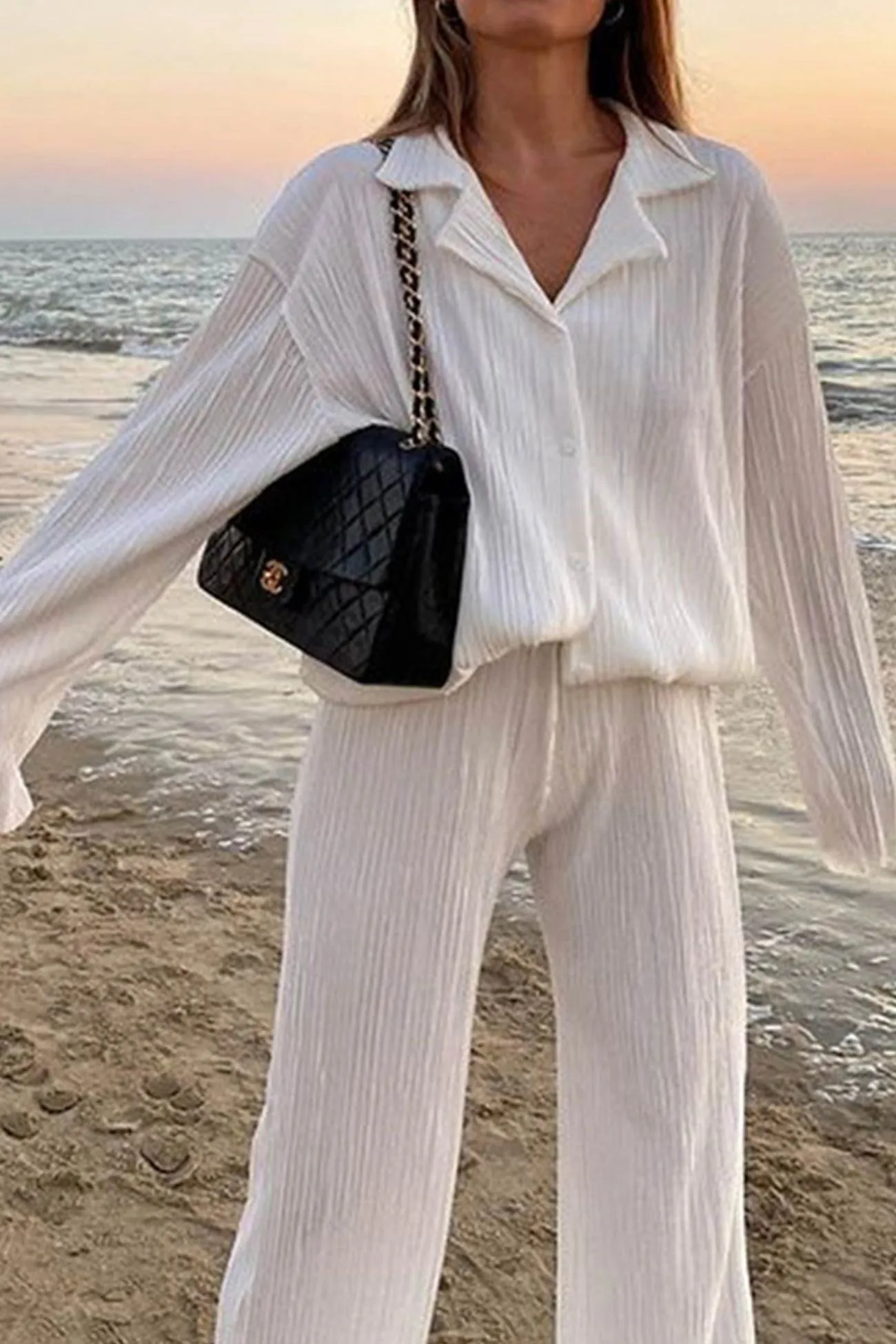 Pleated Shirt Wide Leg Pants Set