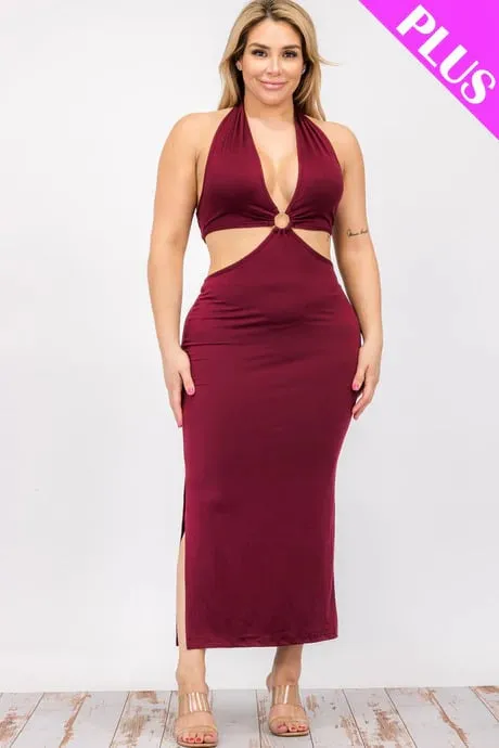 Plus size cut-out halter neck double back tie split thigh midi dress