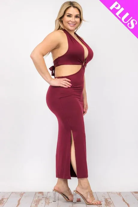 Plus size cut-out halter neck double back tie split thigh midi dress