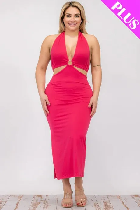 Plus size cut-out halter neck double back tie split thigh midi dress