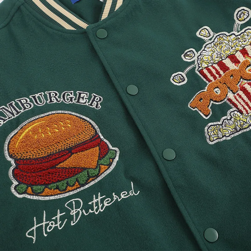 PopFlying Funny Varsity Jacket Hamburger Popcorn