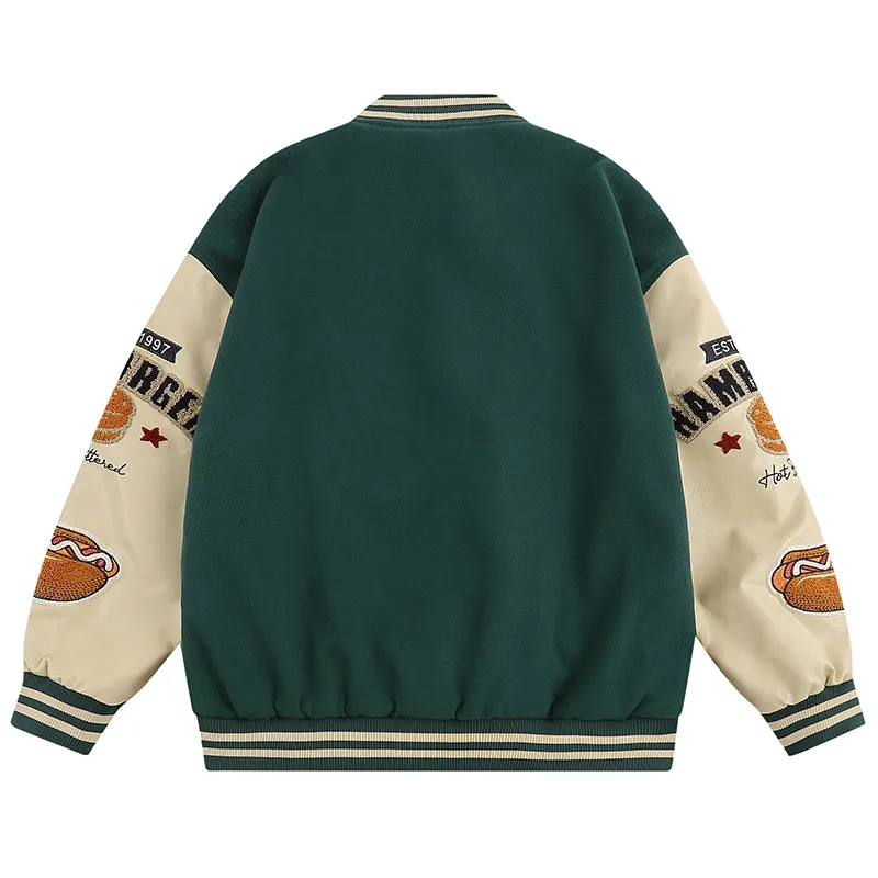 PopFlying Funny Varsity Jacket Hamburger Popcorn