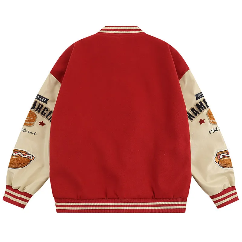 PopFlying Funny Varsity Jacket Hamburger Popcorn