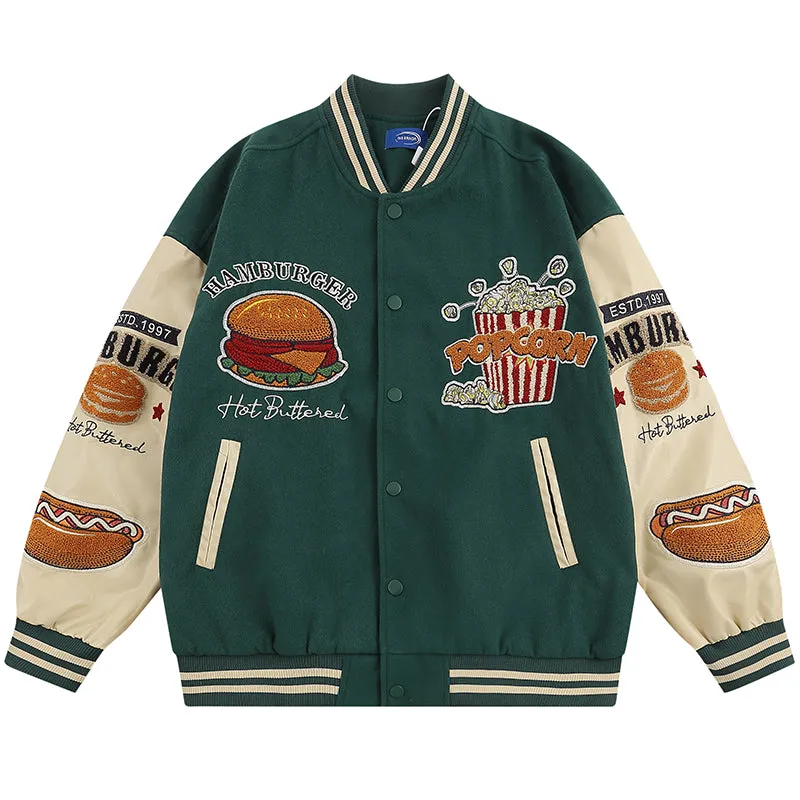 PopFlying Funny Varsity Jacket Hamburger Popcorn