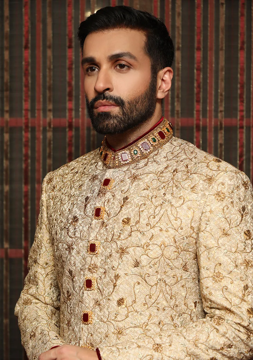 Premium Jamawar Golden Sherwani