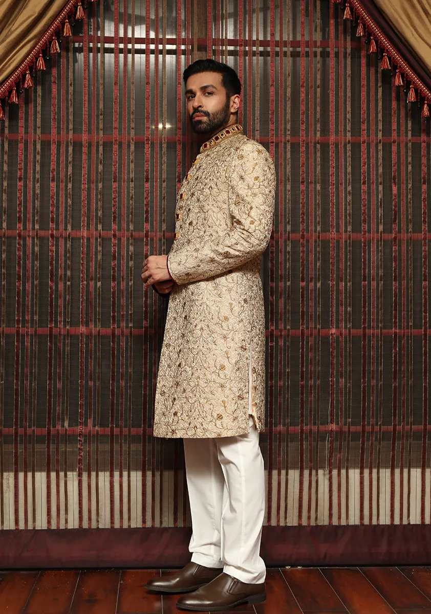 Premium Jamawar Golden Sherwani