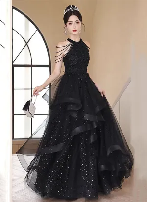 Pretty Black Tulle and Beaded Halter Formal Dress, A-line Black Prom Dress