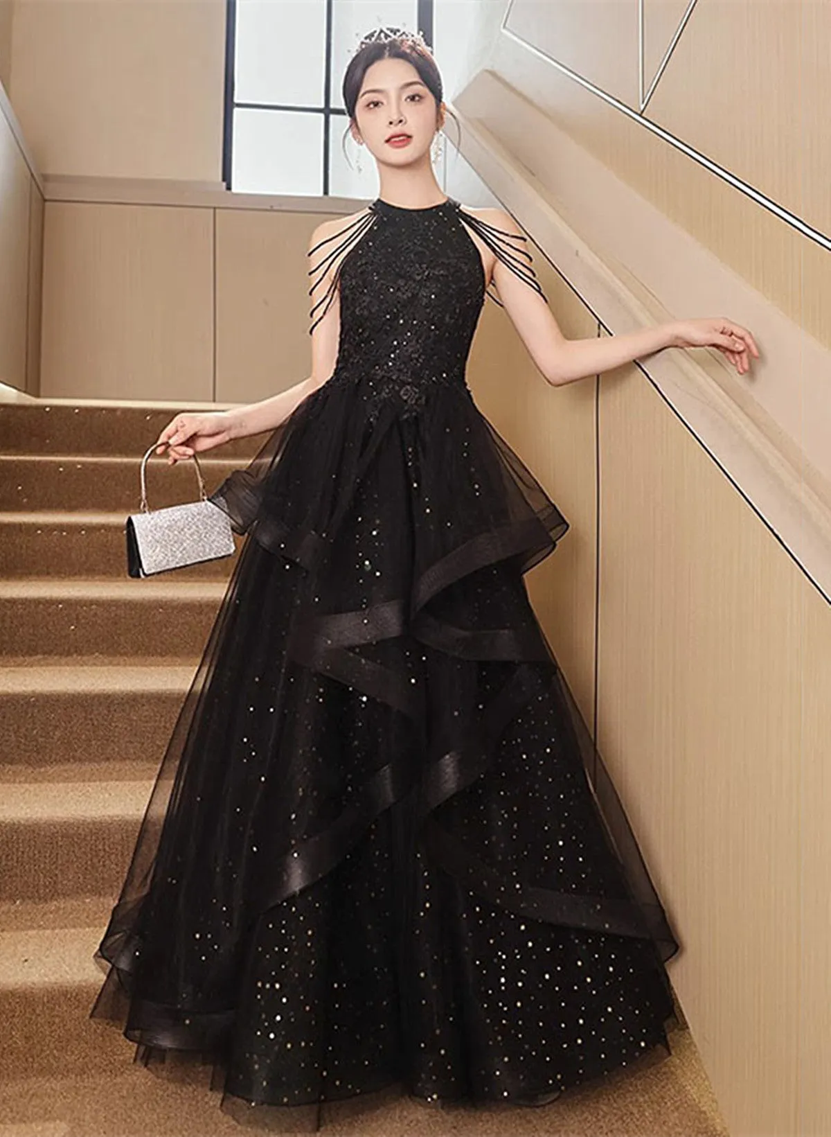 Pretty Black Tulle and Beaded Halter Formal Dress, A-line Black Prom Dress