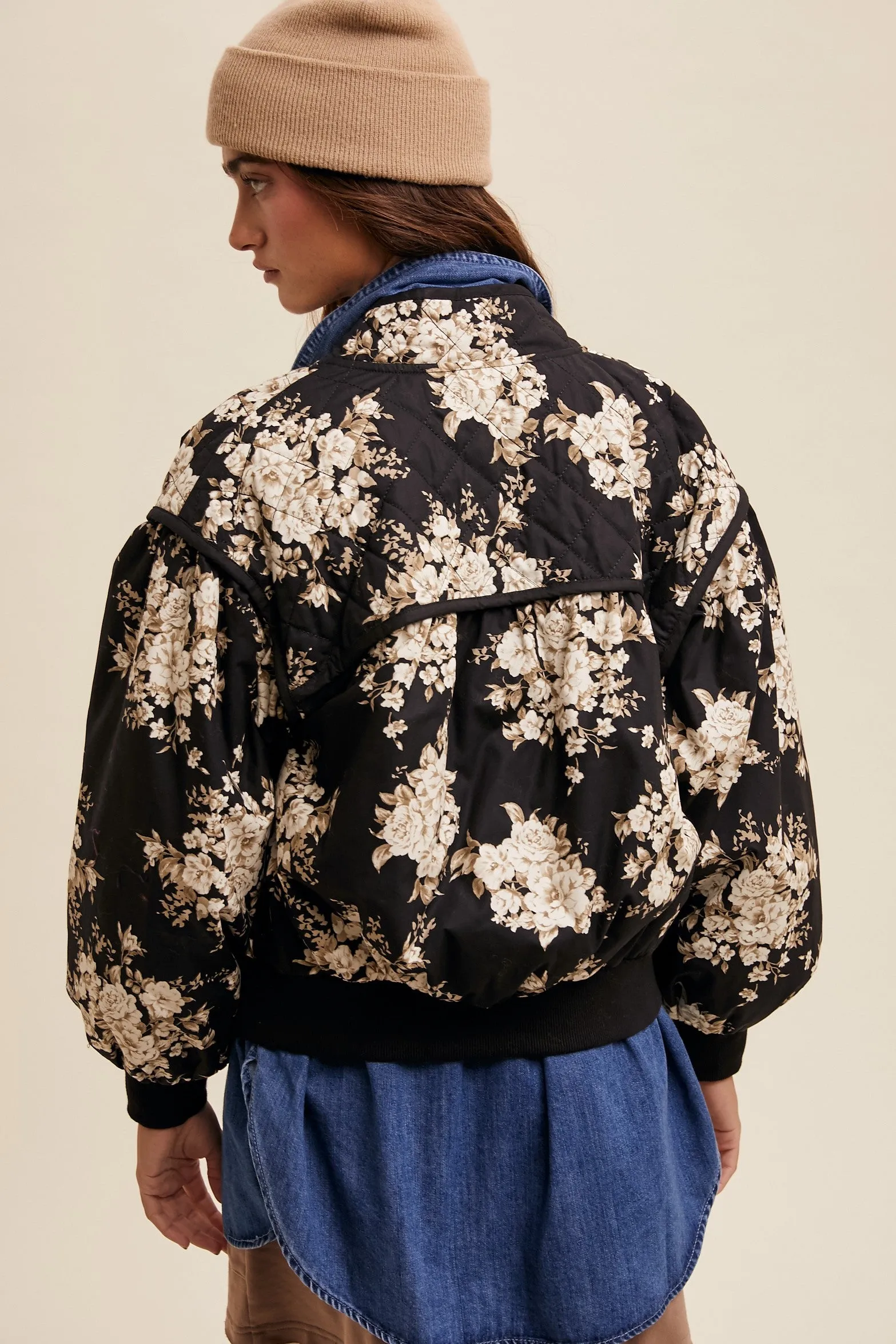 Quilted Floral Print Pleated Bomber Jacket