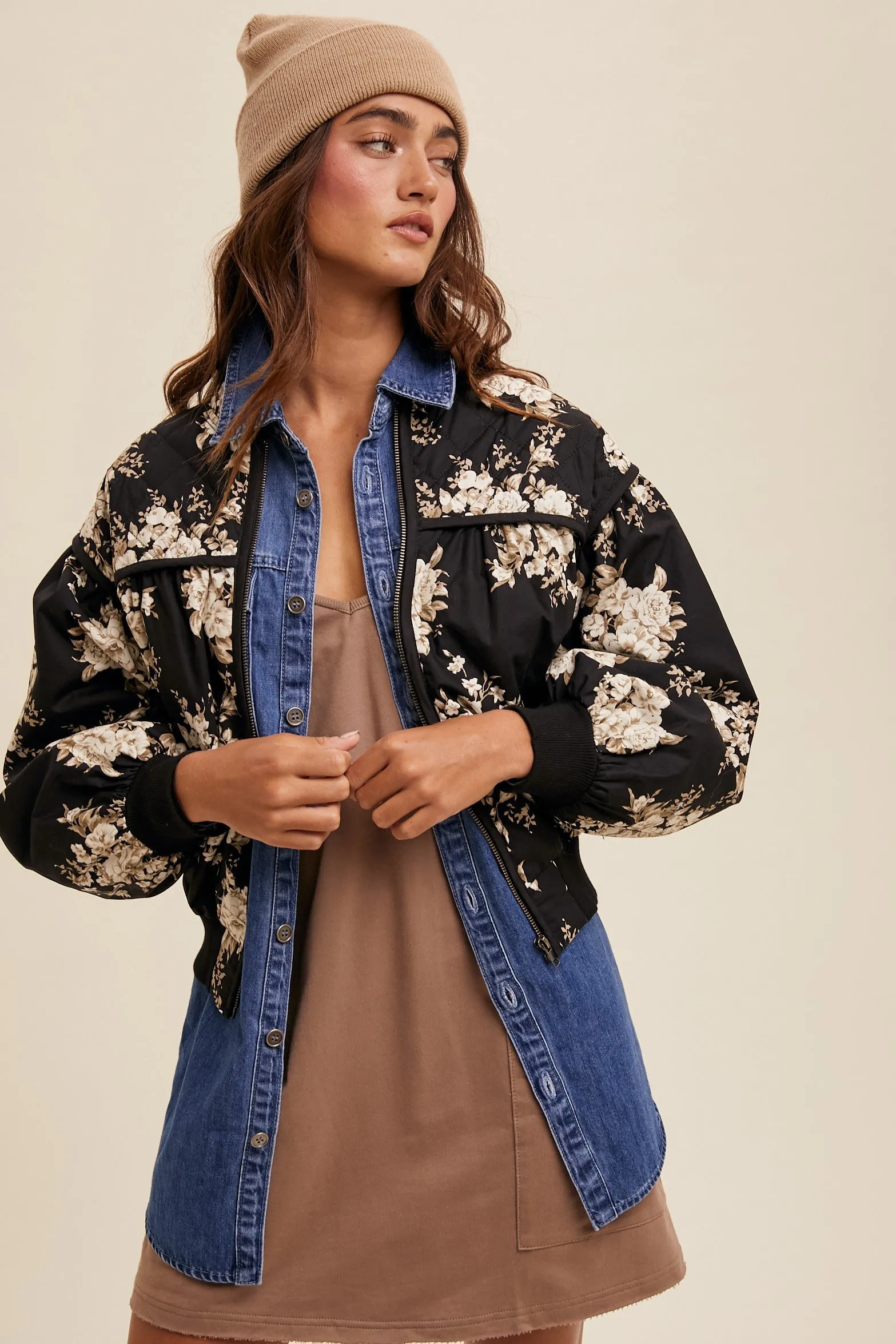 Quilted Floral Print Pleated Bomber Jacket