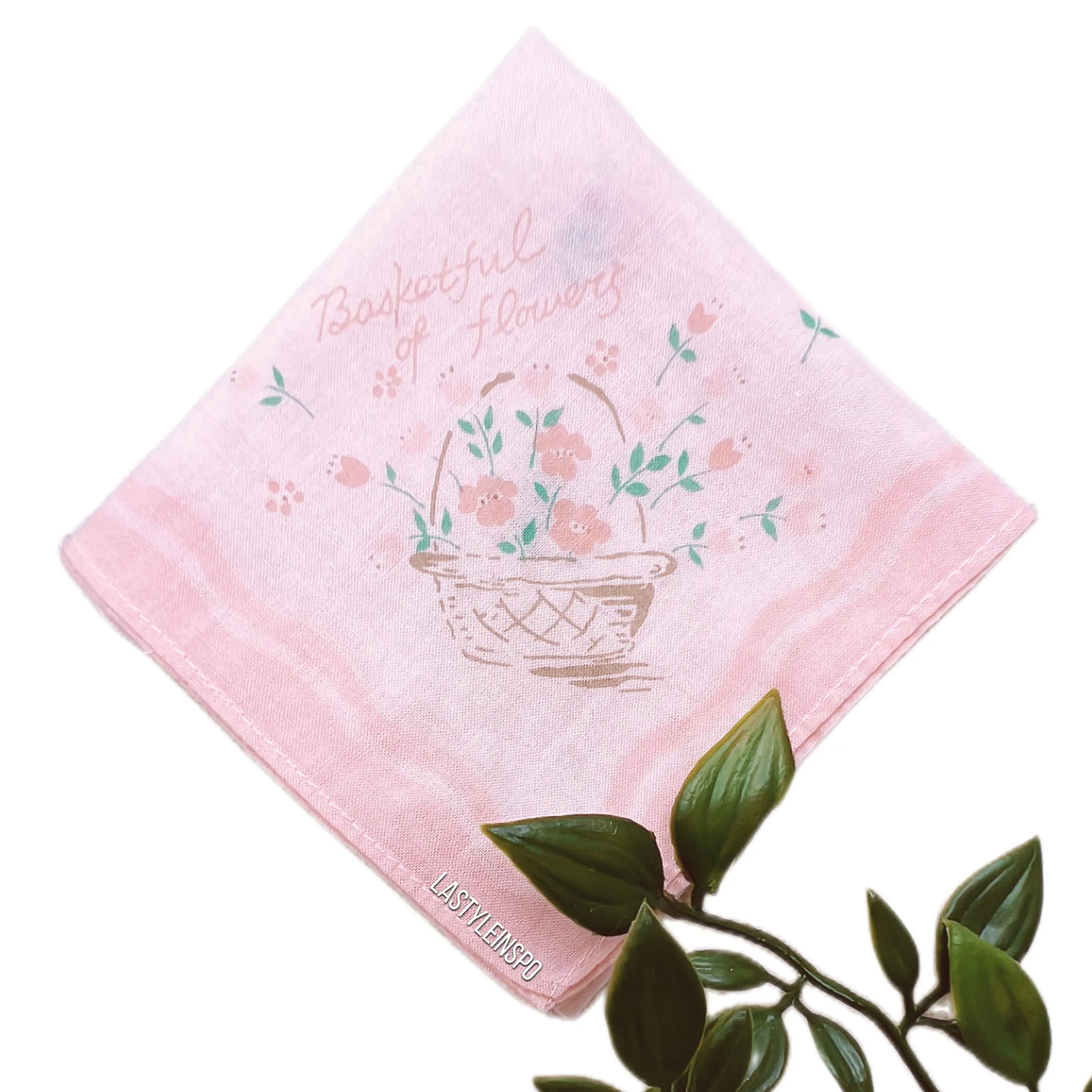 Rare Girly Handkerchief Basket of Flowers Pink White OS