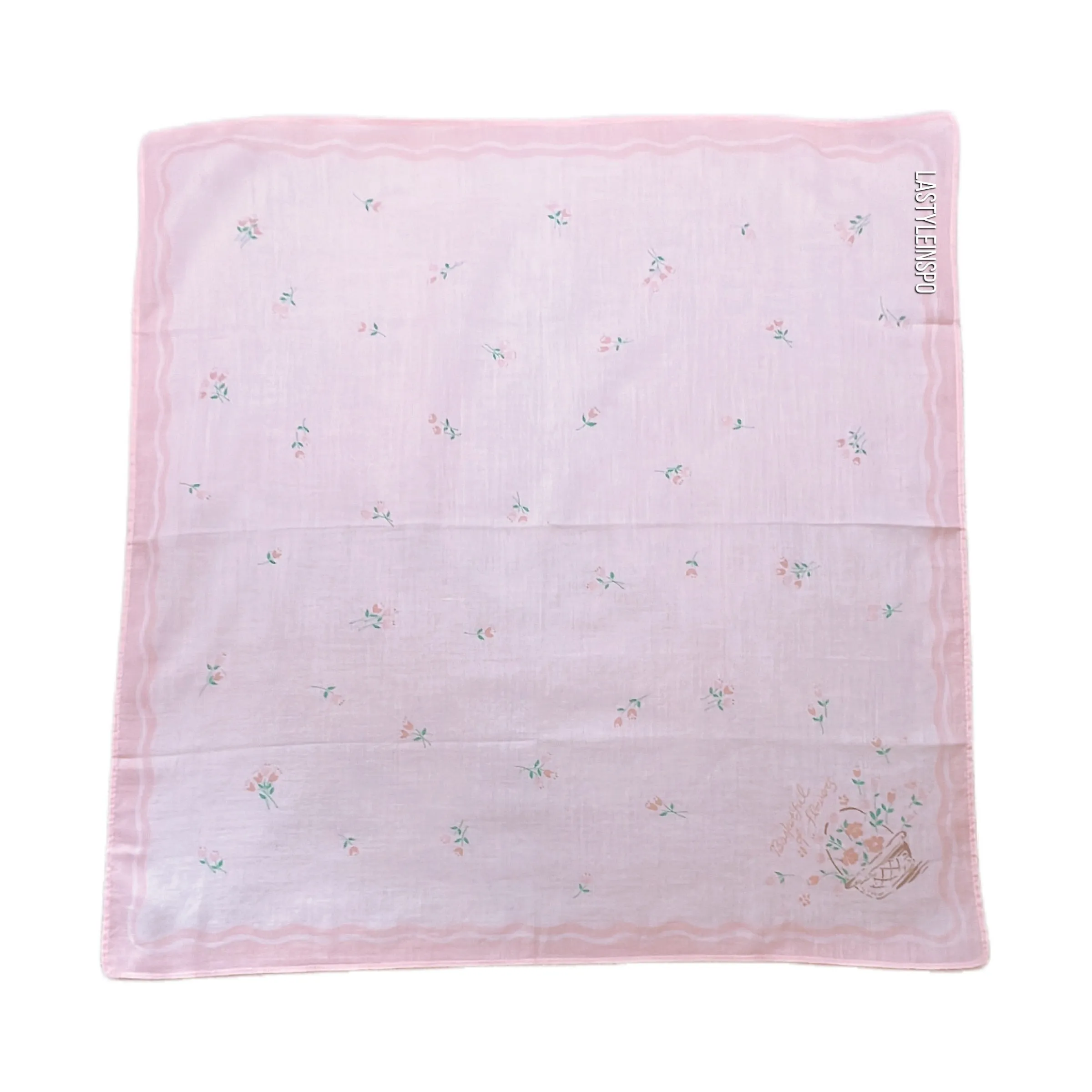 Rare Girly Handkerchief Basket of Flowers Pink White OS