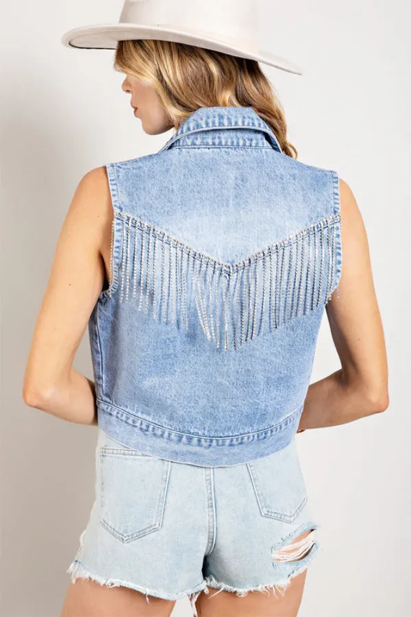 Rhinestone Fringe Denim Vest