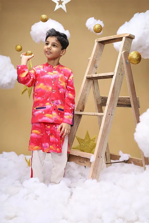 Rise At Dawn Pink Bandi Kurta and Off-White Pants Set for Boys