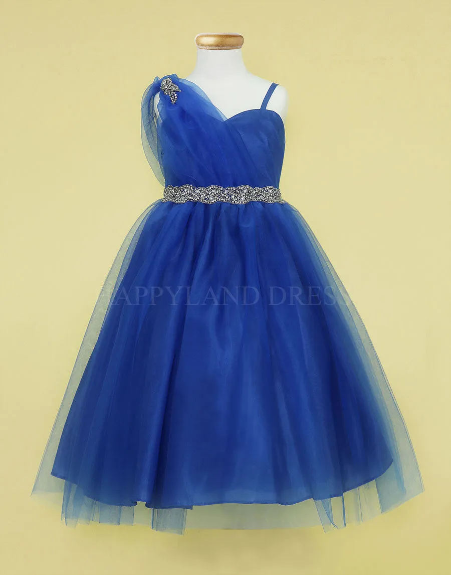 Royal Blue Draped Shoulder with Rhinestone Tulle Dress #212760