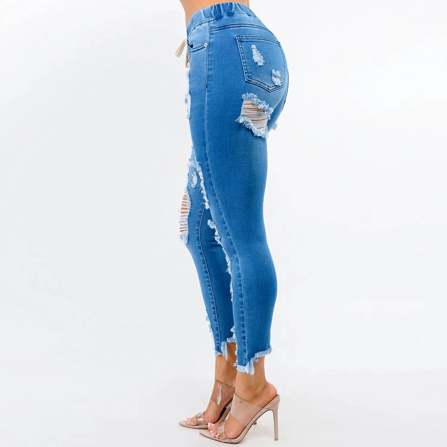 (S-3x) High Waist Frayed Denim Joggers