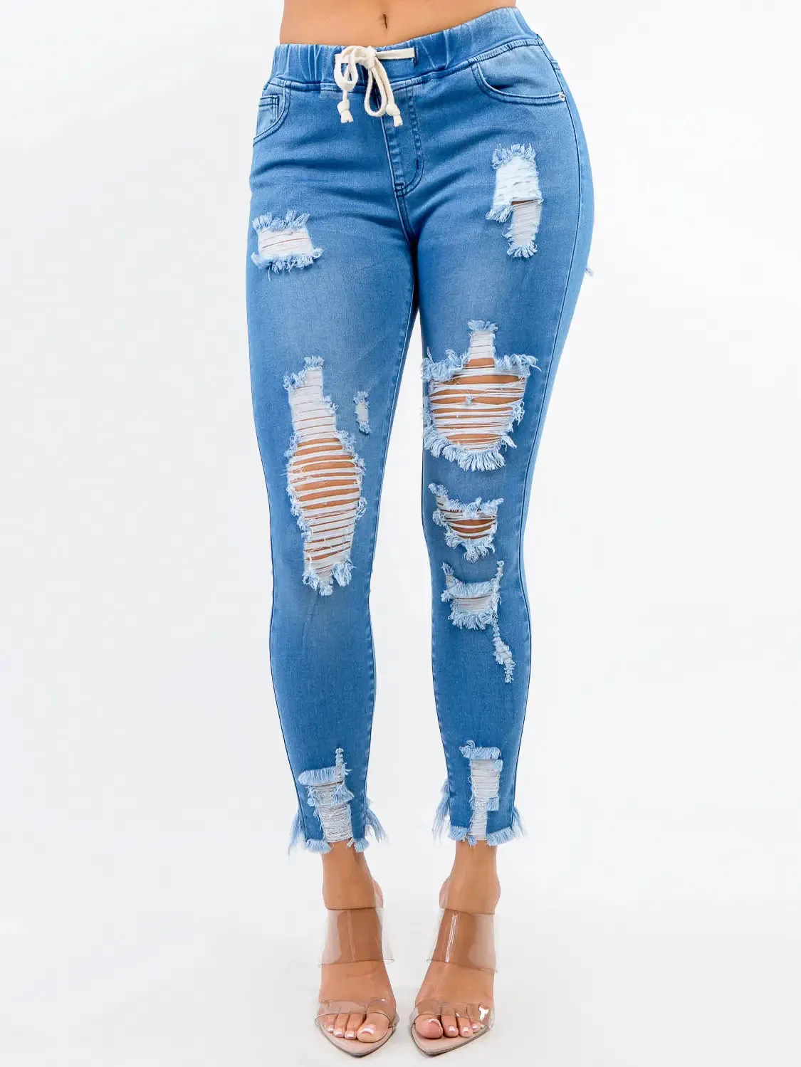 (S-3x) High Waist Frayed Denim Joggers