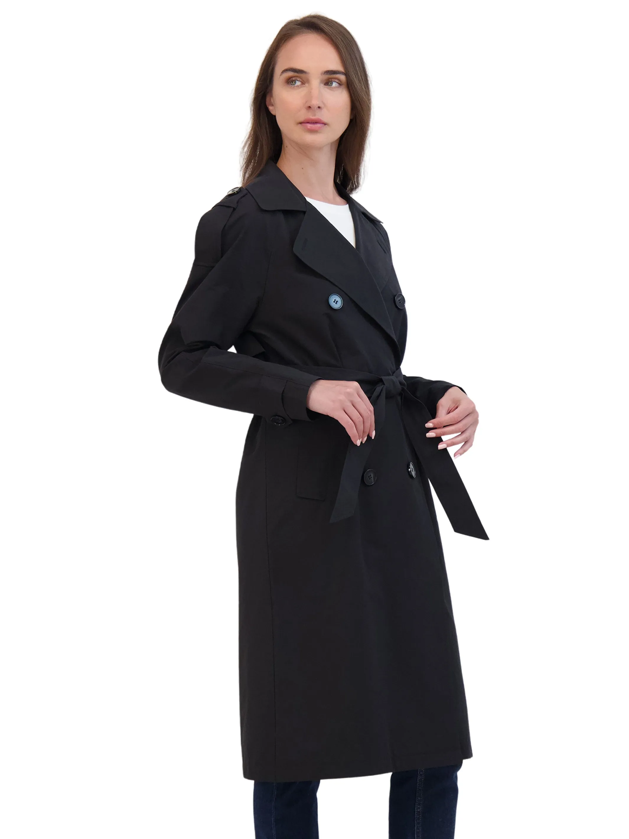 Sebby Collection Belted Double Breasted Long Trench Coat