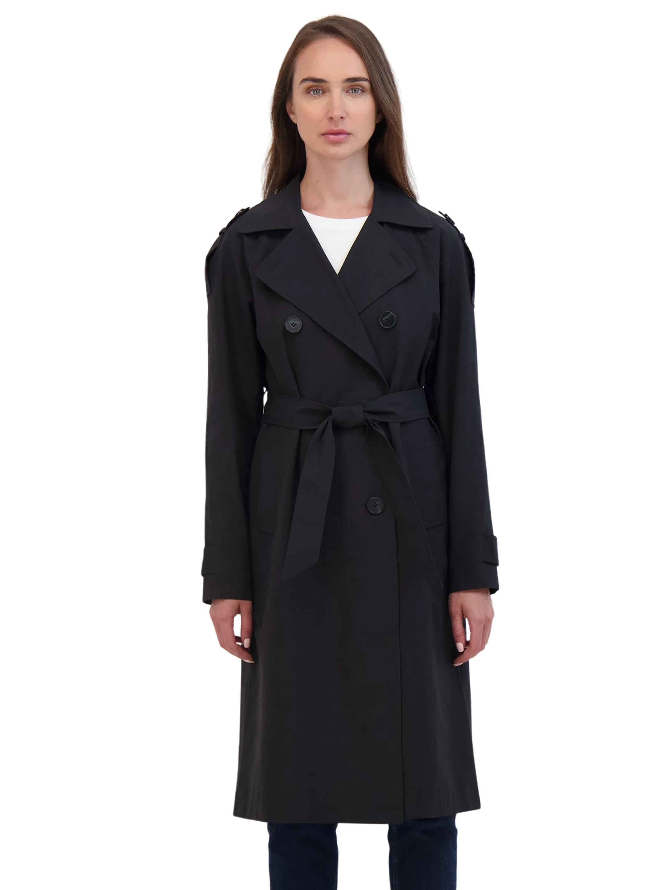 Sebby Collection Belted Double Breasted Long Trench Coat