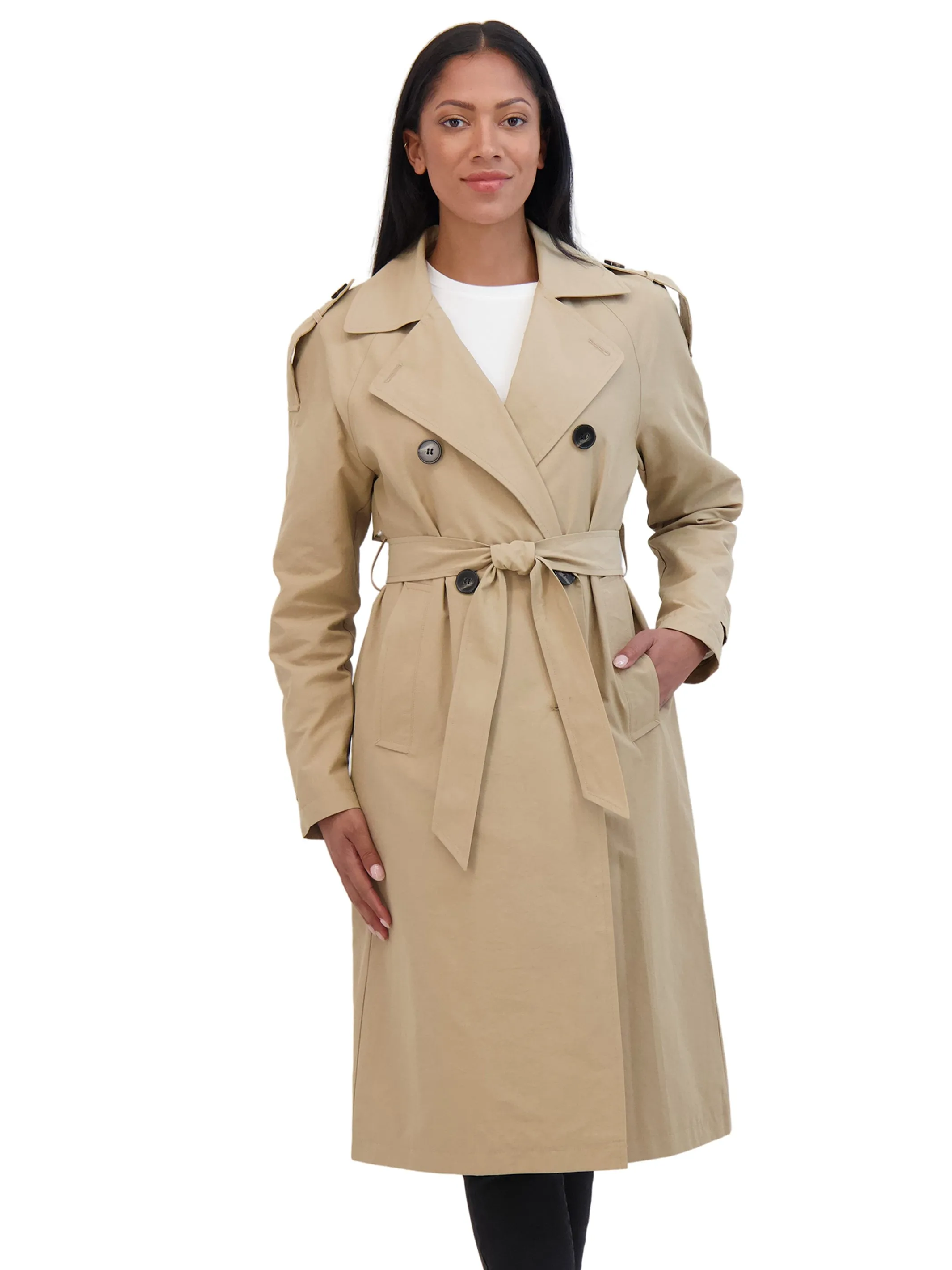 Sebby Collection Belted Double Breasted Long Trench Coat