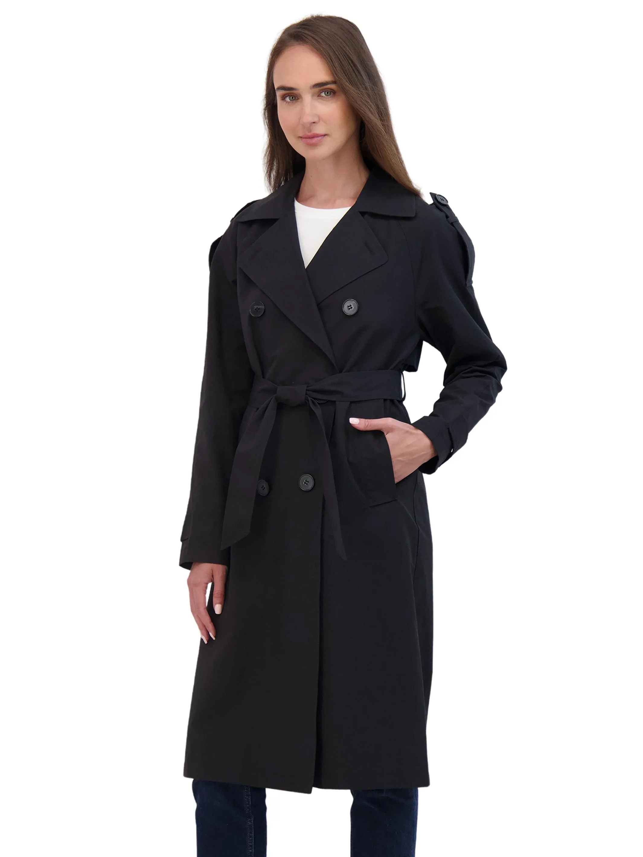 Sebby Collection Belted Double Breasted Long Trench Coat