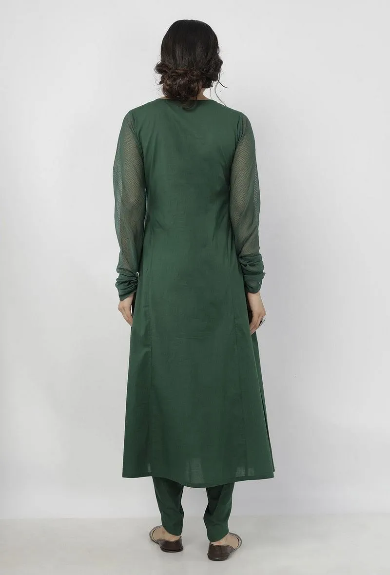 Set of 2: Irvin Plain Bottle Green Cotton A line Kurta with chooridaar kota sleeves and Plain Bottle Green Cotton Dhoti