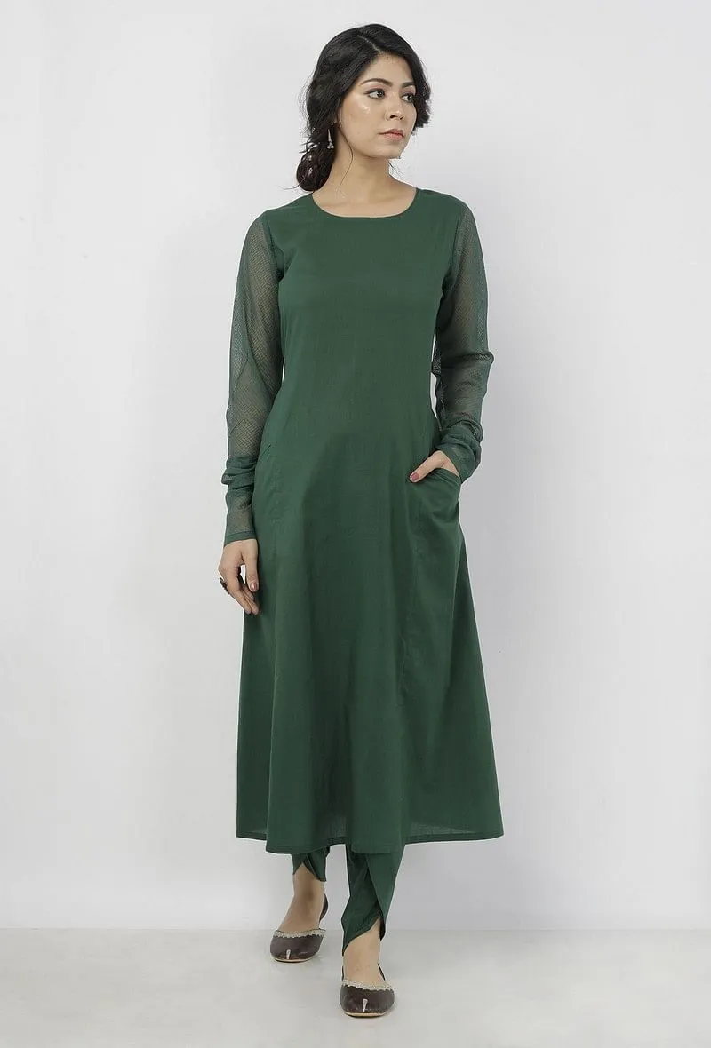 Set of 2: Irvin Plain Bottle Green Cotton A line Kurta with chooridaar kota sleeves and Plain Bottle Green Cotton Dhoti