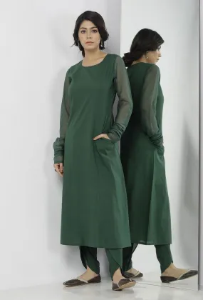 Set of 2: Irvin Plain Bottle Green Cotton A line Kurta with chooridaar kota sleeves and Plain Bottle Green Cotton Dhoti