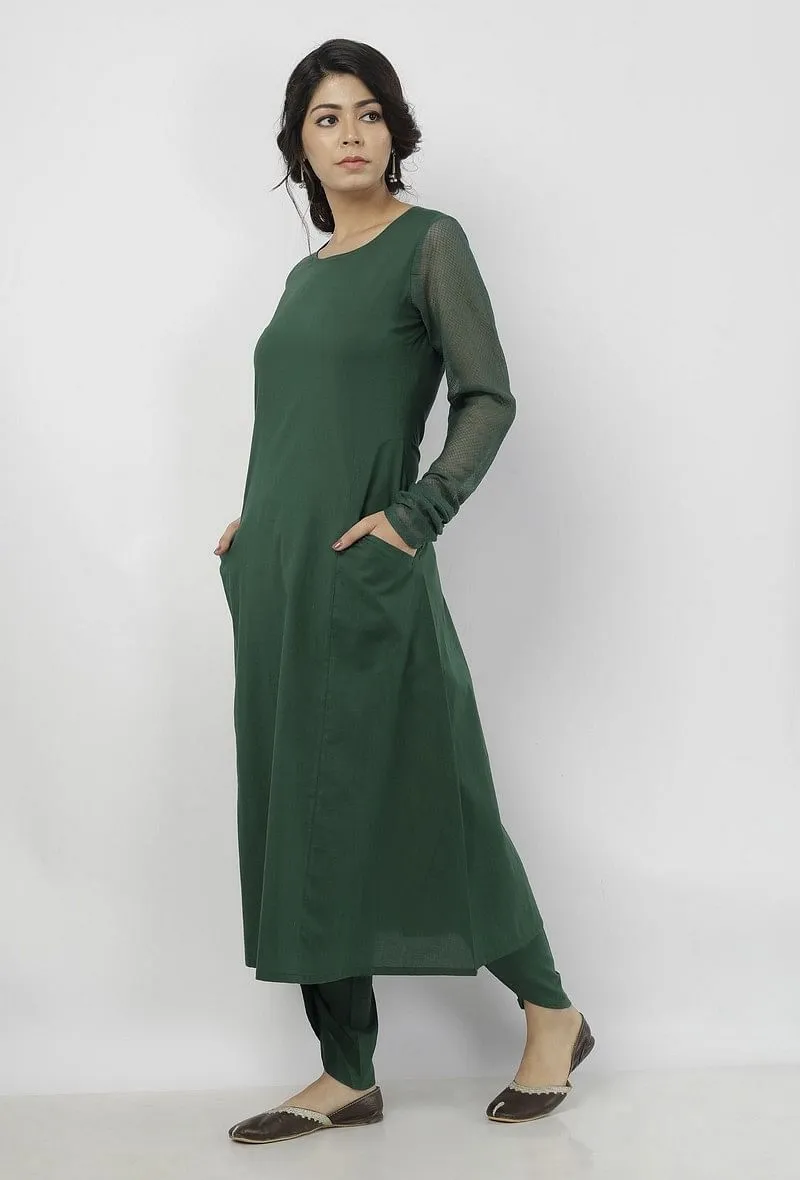 Set of 2: Irvin Plain Bottle Green Cotton A line Kurta with chooridaar kota sleeves and Plain Bottle Green Cotton Dhoti