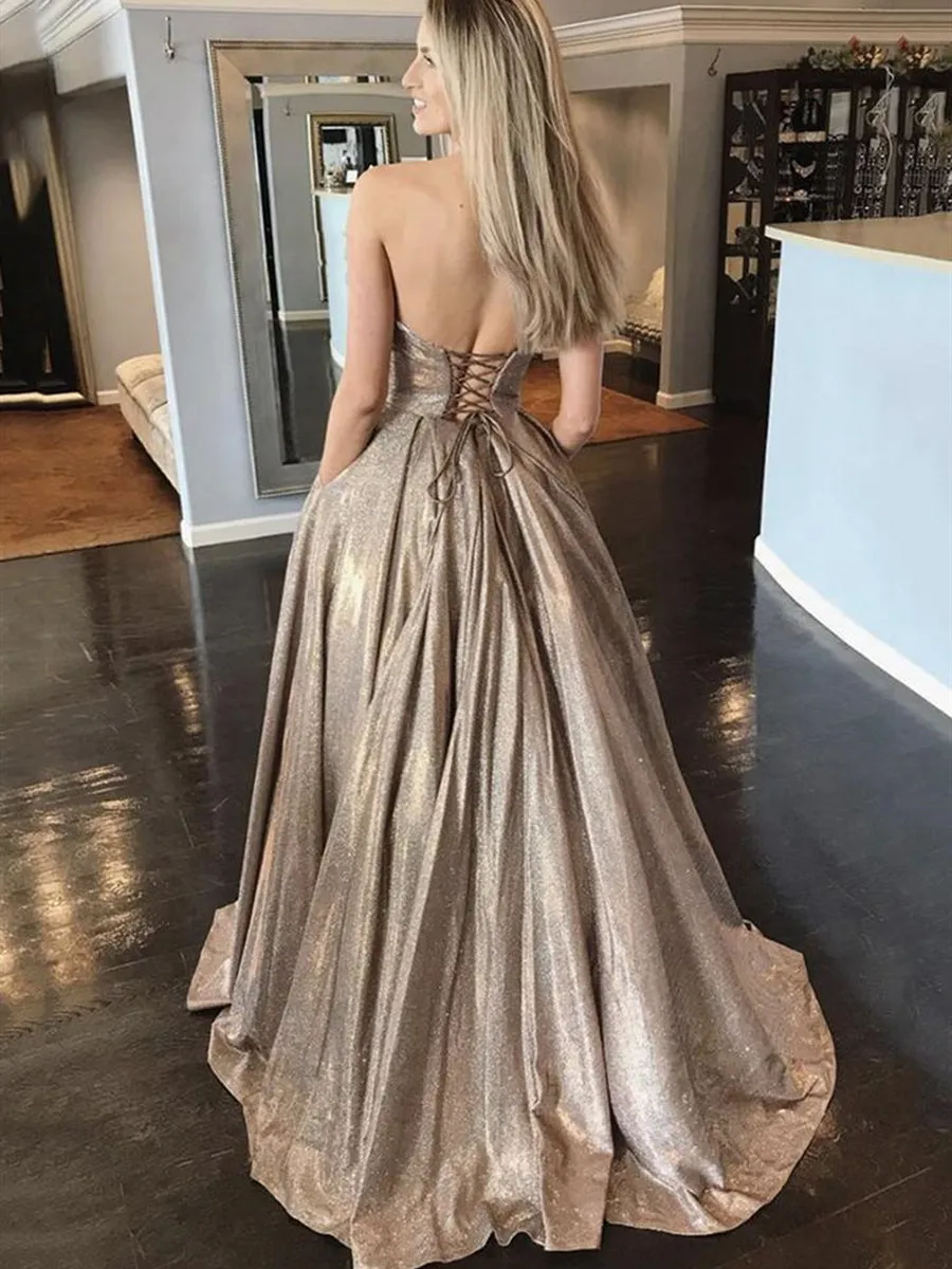 Shiny Strapless Sweetheart Neck Long Champagne Prom, Champagne Formal, Sparkly Evening