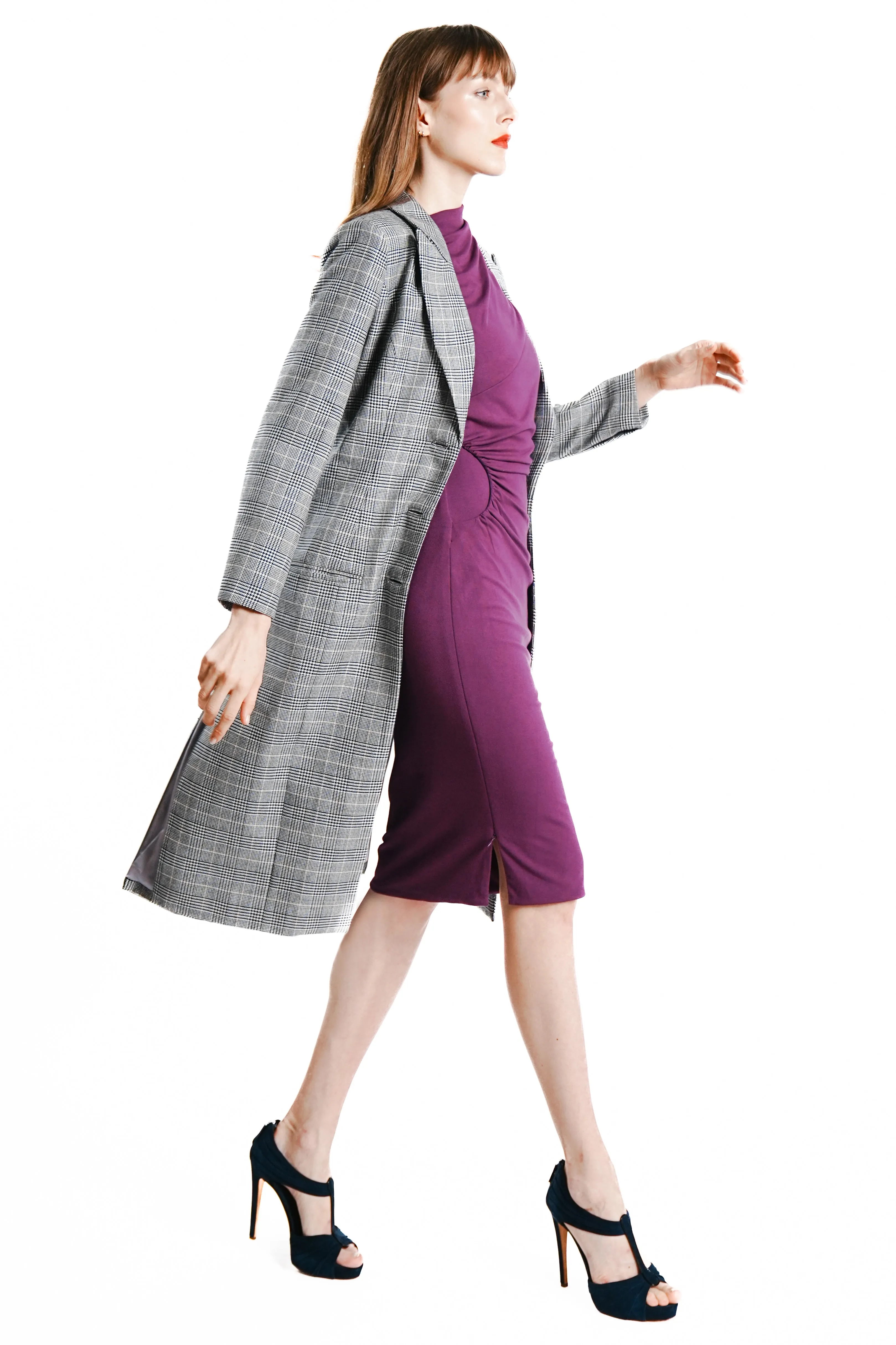 Sianna Maxi Wool Glen Plaid Coat with Side Zipper