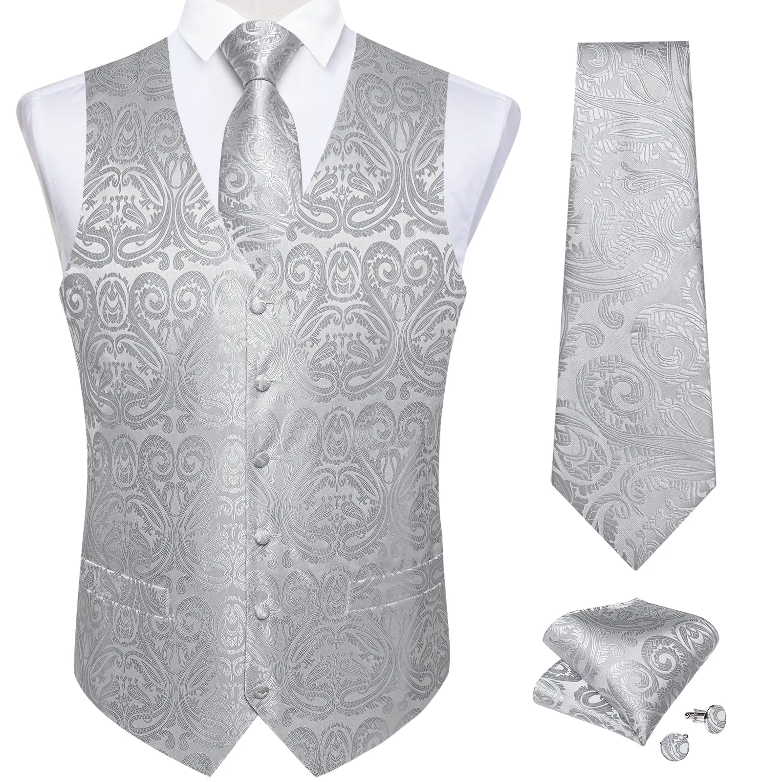 Silver Grey Paisley Jacquard Silk Men's Vest Hanky Cufflinks Necktie Bowtie Set