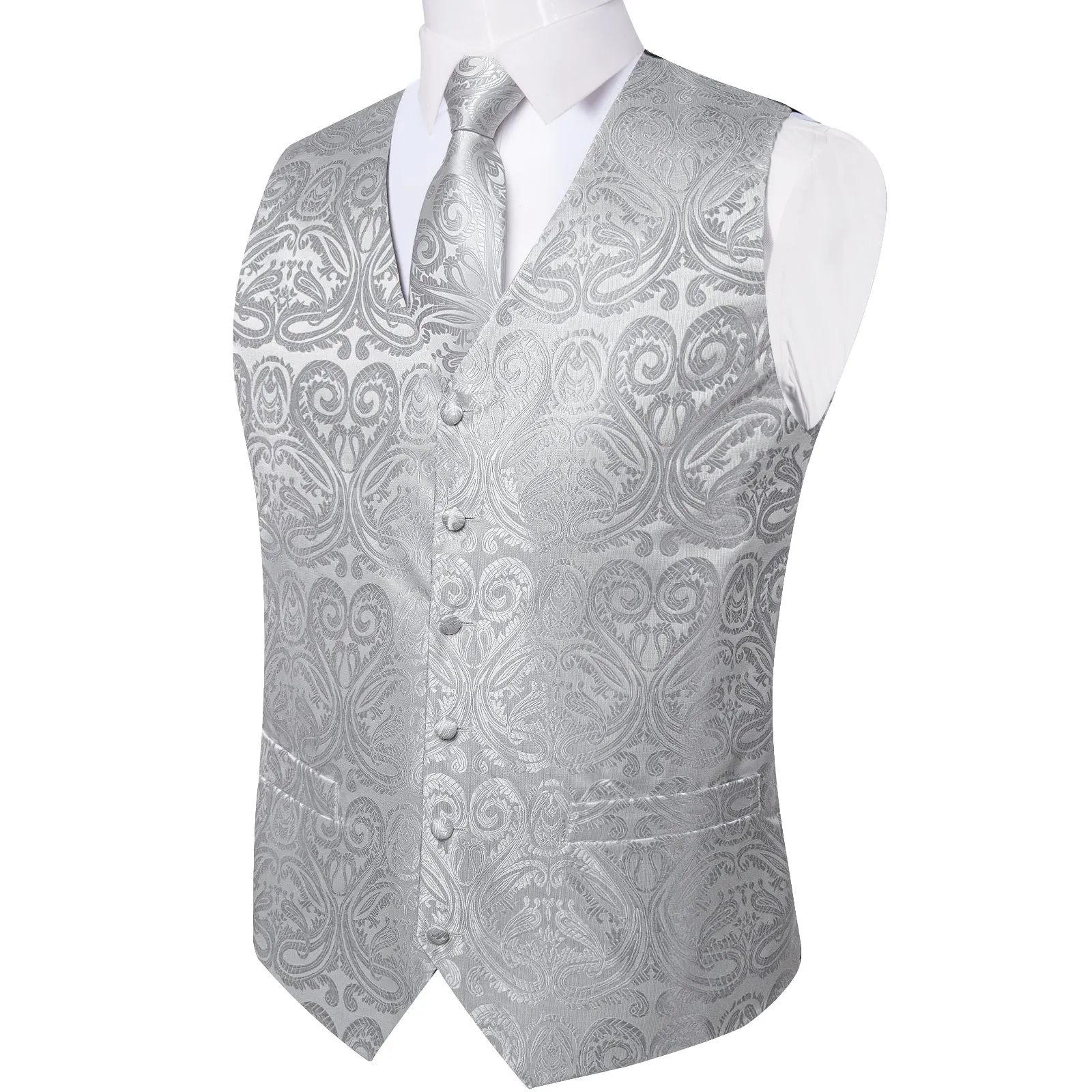 Silver Grey Paisley Jacquard Silk Men's Vest Hanky Cufflinks Necktie Bowtie Set